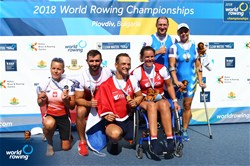 Corne De Koning (s), Netherlands, gold, Michal Gadowski (b), Poland, silver, Iaroslav Koiuda (s), Ukraine, bronze, PR2 Mixed Double Sculls, 2018 World Rowing Championships, Plovdiv, Bulgaria