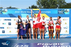Caileigh Filmer (b), Hillary Janssens (s), Canada, gold, Grace Prendergast (b), Kerri Gowler (s), New Zealand, silver, Anna Boada Peiro (b), Aina Cid (s), Spain, bronze, Womens Pair, 2018 World Rowing Championships, Plovdiv, Bulgaria