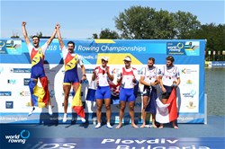Martin Sinkovic (b), Valent Sinkovic (s), Croatia, gold, Marius-Vasile Cozmiuc (b), Ciprian Tudosa (s), Romania, silver, Valentin Onfroy (b), Theophile Onfroy (s), France, bronze, Mens Pair, 2018 World Rowing Championships, Plovdiv, Bulgaria