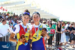 Ionela-Livia Cozmiuc (b), Gianina-Elena Beleaga (s), Romania, gold, Lightweight Women's Double Sculls, 2018 World Rowing Championships, Plovdiv, Bulgaria