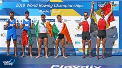 Gary O'Donovan (b), Paul O'Donovan (s), Ireland, gold, Stefano Oppo (b), Pietro Ruta (s), Italy, silver, Tim Brys (b), Niels Van Zandweghe (s), Belgium, bronze, Lightweight Men's Double Sculls, 2018 World Rowing Championships, Plovdiv, Bulgaria