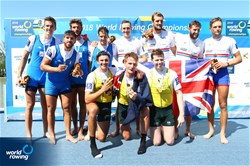Joshua Hicks (b), Spencer Turrin, Jack Hargreaves, Alexander Hill (s), Australia, gold, Matteo Castaldo (b), Bruno Rosetti, Matteo Lodo, Marco Di Costanzo (s), Italy, silver, Thomas Ford (b), Jacob Dawson, Adam Neill, James Johnston (s), Great Britain, bronze, Men's Four, 2018 World Rowing Championships, Plovdiv, Bulgaria