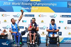 Erik Horrie, Australia, gold, Roman Polianskyi, Ukraine, silver, Alexey Chuvashev, Russia, bronze, PR1 Mens Single Sculls, 2018 World Rowing Championships, Plovdiv, Bulgaria
