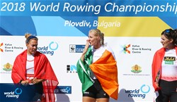 Sanita Puspure, Ireland, gold, Jeannine Gmelin, Switzerland, silver, Magdalena Lobnig, Austria, bronze , Women's Single Sculls, 2018 World Rowing Championships, Plovdiv, Bulgaria