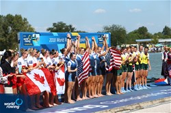 Kristine O'Brien (b), Felice Mueller, Victoria Opitz, Gia Doonan, Dana Moffat, Tracy Eisser, Emily Regan, Olivia Coffey (s), Katelin Guregian (c), United States of America, gold, Lisa Roman (b), Sydney Payne, Christine Roper, Stephanie Grauer, Madison Mailey, Susanne Grainger, Jennifer Martins, Rebecca Zimmerman (s), Kristen Kit (c), Canada, silver, Leah Saunders (b), Georgina Gotch, Rosemary Popa, Georgina Rowe, Annabelle Mcintyre, Ciona Wilson, Jacinta Edmunds, Emma Fessey (s), James Rook (c), Australia, bronze, Women's Eight, 2018 World Rowing Championships, Plovdiv, Bulgaria