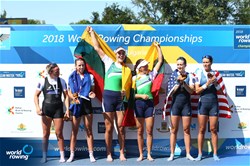 Milda Valciukaite (b), Ieva Adomaviciute (s), Lithuania, gold, Brooke Donoghue (b), Olivia Loe (s), New Zealand, silver, Meghan O'Leary (b), Ellen Tomek (s), United States of America, bronze, Women's Double Sculls, 2018 World Rowing Championships, Plovdiv, Bulgaria