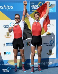 Tim Brys (b), Niels Van Zandweghe (s), Belgium, bronze, Lightweight Men's Double Sculls, 2018 World Rowing Championships, Plovdiv, Bulgaria