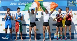 Gary O'Donovan (b), Paul O'Donovan (s), Ireland, gold, Stefano Oppo (b), Pietro Ruta (s), Italy, silver, Tim Brys (b), Niels Van Zandweghe (s), Belgium, bronze, Lightweight Men's Double Sculls, 2018 World Rowing Championships, Plovdiv, Bulgaria