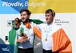 Gary O'Donovan (b), Paul O'Donovan (s), Ireland, gold, Lightweight Men's Double Sculls, 2018 World Rowing Championships, Plovdiv, Bulgaria
