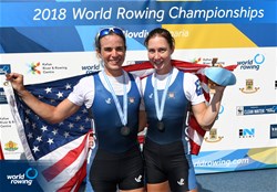 Emily Schmieg (b), Mary Jones (s), United States of America, silver, Lightweight Women's Double Sculls, 2018 World Rowing Championships, Plovdiv, Bulgaria