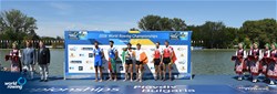 Gary O'Donovan (b), Paul O'Donovan (s), Ireland, gold, Stefano Oppo (b), Pietro Ruta (s), Italy, silver, Tim Brys (b), Niels Van Zandweghe (s), Belgium, bronze, Lightweight Men's Double Sculls, 2018 World Rowing Championships, Plovdiv, Bulgaria