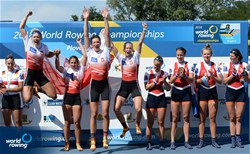 Agnieszka Kobus-Zawojska (b), Marta Wieliczko, Maria Springwald, Katarzyna Zillmann (s), Poland, gold, Olivia Van Rooijen (b), Karolien Florijn, Sophie Souwer, Nicole Beukers (s), Netherlands, bronze, Women's Quadruple Sculls, 2018 World Rowing Championships, Plovdiv, Bulgaria