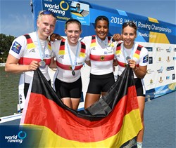 Marie-Catherine Arnold (b), Carlotta Nwajide, Franziska Kampmann, Frieda Haemmerling (s), Germany, silver, Women's Quadruple Sculls, 2018 World Rowing Championships, Plovdiv, Bulgaria