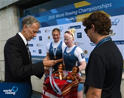 Danielle Hansen (b), Jaclyn Smith (s), Gold, PR3 Women's Pair, United States of America, 2018 World Rowing Championships, Plovdiv, Bulgaria