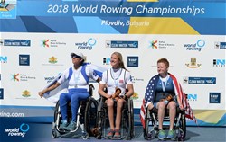 Birgit Skarstein, Norway, gold, Moran Samuel, Israel, silver, Hallie Smith, United States of America, bronze, PR1 Womens Single Sculls, 2018 World Rowing Championships, Plovdiv, Bulgaria