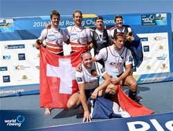 Hugo Boucheron (b), Matthieu Androdias (s), France, gold, Barnabe Delarze (b), Roman Roeoesli (s), Switzerland, silver, John Storey (b), Christopher Harris (s), New Zealand, bronze, Men's Double Sculls, 2018 World Rowing Championships, Plovdiv, Bulgaria