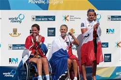 Perle Bouge, France, gold, Annika Van Der Meer, Netherlands, silver, Jolanta Majka, Poland, bronze, PR2 Womens Single Sculls, 2018 World Rowing Championships, Plovdiv, Bulgaria