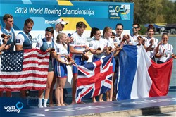 Ellen Buttrick (b), Grace Clough, Oliver Stanhope, Daniel Brown (s), Erin Wysocki-Jones (c), Great Britain, gold, Alexandra Reilly (b), Michael Varro, Charley Nordin, Danielle Hansen (s), Jennifer Sichel (c), United States of America, silver, Elodie Lorandi (b), Guylaine Marchand, Remy Taranto, Antoine Jesel (s), Robin Le Barreau (c), France, bronze, PR3 Mixed Coxed Four, 2018 World Rowing Championships, Plovdiv, Bulgaria