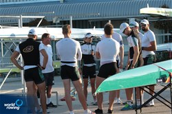 Morning training, Johannes Weissenfeld (b), Felix Wimberger, Maximilian Planer, Torben Johannesen, Jakob Schneider, Malte Jakschik, Richard Schmidt, Hannes Ocik (s), Martin Sauer (c), Men's Eight, Germany, 2018 World Rowing Championships, Plovdiv, Bulgaria
