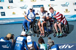 Birgit Skarstein, Norway, gold, Moran Samuel, Israel, silver, Hallie Smith, United States of America, bronze, PR1 Womens Single Sculls, 2018 World Rowing Championships, Plovdiv, Bulgaria