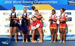 Caileigh Filmer (b), Hillary Janssens (s), Canada, gold, Grace Prendergast (b), Kerri Gowler (s), New Zealand, silver, Anna Boada Peiro (b), Aina Cid (s), Spain, bronze, Womens Pair, 2018 World Rowing Championships, Plovdiv, Bulgaria