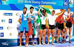 Gary O'Donovan (b), Paul O'Donovan (s), Ireland, gold, Stefano Oppo (b), Pietro Ruta (s), Italy, silver, Tim Brys (b), Niels Van Zandweghe (s), Belgium, bronze, Lightweight Men's Double Sculls, 2018 World Rowing Championships, Plovdiv, Bulgaria