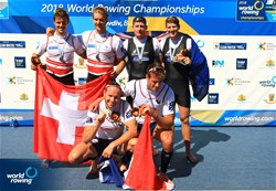 Hugo Boucheron (b), Matthieu Androdias (s), France, gold, Barnabe Delarze (b), Roman Roeoesli (s), Switzerland, silver, John Storey (b), Christopher Harris (s), New Zealand, bronze, Men's Double Sculls, 2018 World Rowing Championships, Plovdiv, Bulgaria
