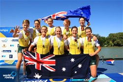 Leah Saunders (b), Georgina Gotch, Rosemary Popa, Georgina Rowe, Annabelle Mcintyre, Ciona Wilson, Jacinta Edmunds, Emma Fessey (s), James Rook (c), Australia, bronze, Women's Eight, 2018 World Rowing Championships, Plovdiv, Bulgaria