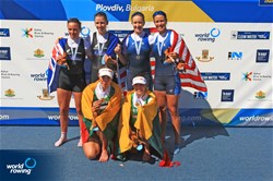 Milda Valciukaite (b), Ieva Adomaviciute (s), Lithuania, gold, Brooke Donoghue (b), Olivia Loe (s), New Zealand, silver, Meghan O'Leary (b), Ellen Tomek (s), United States of America, bronze, Women's Double Sculls, 2018 World Rowing Championships, Plovdiv, Bulgaria