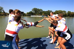 Johannes Weissenfeld (b), Felix Wimberger, Maximilian Planer, Torben Johannesen, Jakob Schneider, Malte Jakschik, Richard Schmidt, Hannes Ocik (s), Martin Sauer (c), Germany, gold, Men's Eight, 2018 World Rowing Championships, Plovdiv, Bulgaria