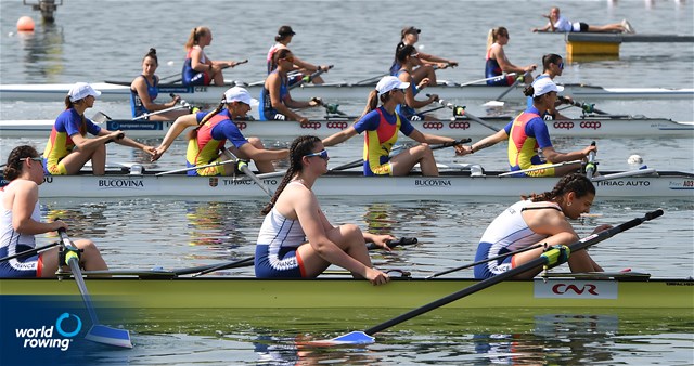 Ioana Ruxandra Pascovici (b), Andreea Ioana Serban, Georgiana Blanariu, Elena Silvia Mocanu (s), Women's Four, Romania, 2022 European Rowing Under 19 Championships, Varese, Italy / Detlev Seyb/MyRowingPhoto.com