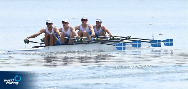 Panagiotis Adam (b), Apostolos Lykomitros, Nikolaos Cholopoulos, Dimitrios Papazoglou (s), Men's Quadruple Sculls, Greece, 2022 European Rowing Under 19 Championships, Varese, Italy / Detlev Seyb/MyRowingPhoto.com
