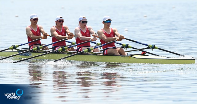 Ondrej Zedka (b), Leonardo Salerno, Gian Luca Egli, Nicolas Chambers (s), Men's Quadruple Sculls, Switzerland, 2022 European Rowing Under 19 Championships, Varese, Italy / Detlev Seyb/MyRowingPhoto.com