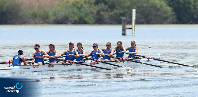 Matilde Orsetti (b), Veronica De Martino, Elisa Marcon, Matilde Paoletti, Lucrezia Monaci, Asia Bertolotti, Marta Orefice, Giulia Orefice (s), Margherita Fanchi (c), Women's Eight, Italy, 2022 European Rowing Under 19 Championships, Varese, Italy / Detlev Seyb/MyRowingPhoto.com