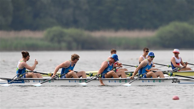 Ondrej Zedka (b), Leonardo Salerno, Gian Luca Egli, Nicolas Chambers (s), Men's Quadruple Sculls, Switzerland, 2022 European Rowing Under 19 Championships, Varese, Italy / Detlev Seyb/MyRowingPhoto.com