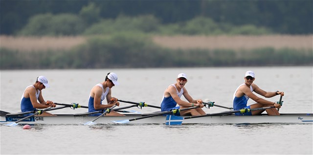 Panagiotis Adam (b), Apostolos Lykomitros, Nikolaos Cholopoulos, Dimitrios Papazoglou (s), Men's Quadruple Sculls, Greece, 2022 European Rowing Under 19 Championships, Varese, Italy / Detlev Seyb/MyRowingPhoto.com