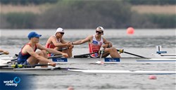 Piotr Sliwinski (b), Daniel Galeza (s), Men's Double Sculls, Poland, 2022 European Rowing Under 19 Championships, Varese, Italy / Detlev Seyb/MyRowingPhoto.com