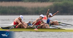 Leonidas Kopidis (b), Panagiotis Makrygiannis (s), Men's Double Sculls, Greece, 2022 European Rowing Under 19 Championships, Varese, Italy / Detlev Seyb/MyRowingPhoto.com