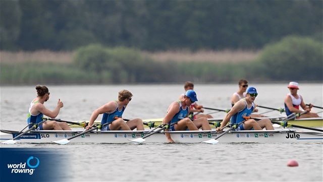 Ondrej Zedka (b), Leonardo Salerno, Gian Luca Egli, Nicolas Chambers (s), Men's Quadruple Sculls, Switzerland, 2022 European Rowing Under 19 Championships, Varese, Italy / Detlev Seyb/MyRowingPhoto.com