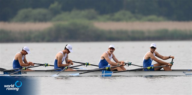 Panagiotis Adam (b), Apostolos Lykomitros, Nikolaos Cholopoulos, Dimitrios Papazoglou (s), Men's Quadruple Sculls, Greece, 2022 European Rowing Under 19 Championships, Varese, Italy / Detlev Seyb/MyRowingPhoto.com