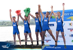 Santo Zaffiro (b), Antonio Distefano, Jacopo Sartori, Marco Miatello (s), Leo Vaughan Bozzetta (c), Men's Coxed Four, Italy, Silver, 2022 European Rowing Under 19 Championships, Varese, Italy / Detlev Seyb/MyRowingPhoto.com