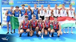 Hamdi Okan Atmaca (b), Fatih Mehmet Avci, Yusuf Ziya Ates, Alper Sevket Eren (s), Tuana Fatma Yildiz (c), Men's Coxed Four, Turkey, Gold, Santo Zaffiro (b), Antonio Distefano, Jacopo Sartori, Marco Miatello (s), Leo Vaughan Bozzetta (c), Italy, Silver, Ferenc Szigeti (b), Amir Shah, Aron Boros, Peter Gasztonyi (s), Daniel Toth (c), Hungary, Bronze, 2022 European Rowing Under 19 Championships, Varese, Italy / Detlev Seyb/MyRowingPhoto.com