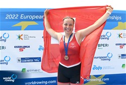 Lina Kuehn, Women's Single Sculls, Switzerland, Bronze, 2022 European Rowing Under 19 Championships, Varese, Italy / Detlev Seyb/MyRowingPhoto.com