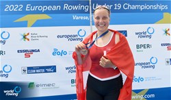Lina Kuehn, Women's Single Sculls, Switzerland, Bronze, 2022 European Rowing Under 19 Championships, Varese, Italy / Detlev Seyb/MyRowingPhoto.com