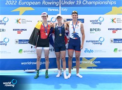 Marcus Chute, Great Britain, Gold, Boris Taeldeman, Belgium, Silver, Pierre Molins, France, Bronze, Men's Single Sculls, 2022 European Rowing Under 19 Championships, Varese, Italy / Detlev Seyb/MyRowingPhoto.com