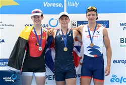 Marcus Chute, Great Britain, Gold, Boris Taeldeman, Belgium, Silver, Pierre Molins, France, Bronze, Men's Single Sculls, 2022 European Rowing Under 19 Championships, Varese, Italy / Detlev Seyb/MyRowingPhoto.com