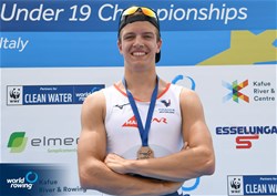Pierre Molins, Men's Single Sculls, France, Bronze, 2022 European Rowing Under 19 Championships, Varese, Italy / Detlev Seyb/MyRowingPhoto.com