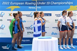 Ioanna Asvesta (b), Elisavet Ira Argyraki (s), Women's Pair, Greece, Gold, Martina Scarpello (b), Sofia Naselli (s), Italy, Silver, Leontine Fouquet (b), Jeanne Sellier (s), France, Bronze, 2022 European Rowing Under 19 Championships, Varese, Italy / Detlev Seyb/MyRowingPhoto.com