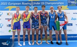 Mihajlo Dedic (b), Nemanja Luledzija (s), Men's Pair, Serbia, Gold, Andrei-Vlad-Robert Vatamaniuc (b), Iliuta-Leontin Nutescu (s), Romania, Silver, Luca Vicino (b), Marco Vicino (s), Italy, Bronze, 2022 European Rowing Under 19 Championships, Varese, Italy / Detlev Seyb/MyRowingPhoto.com