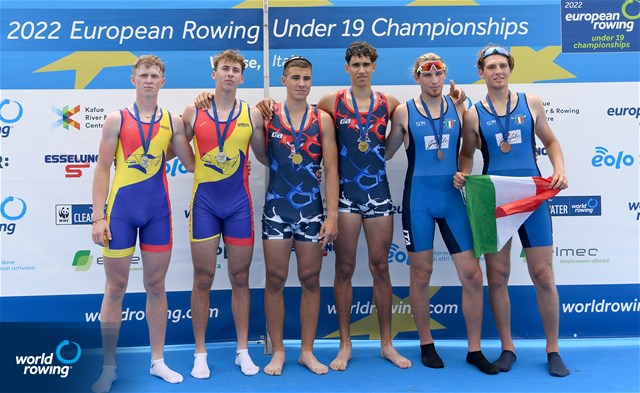Mihajlo Dedic (b), Nemanja Luledzija (s), Men's Pair, Serbia, Gold, Andrei-Vlad-Robert Vatamaniuc (b), Iliuta-Leontin Nutescu (s), Romania, Silver, Luca Vicino (b), Marco Vicino (s), Italy, Bronze, 2022 European Rowing Under 19 Championships, Varese, Italy / Detlev Seyb/MyRowingPhoto.com